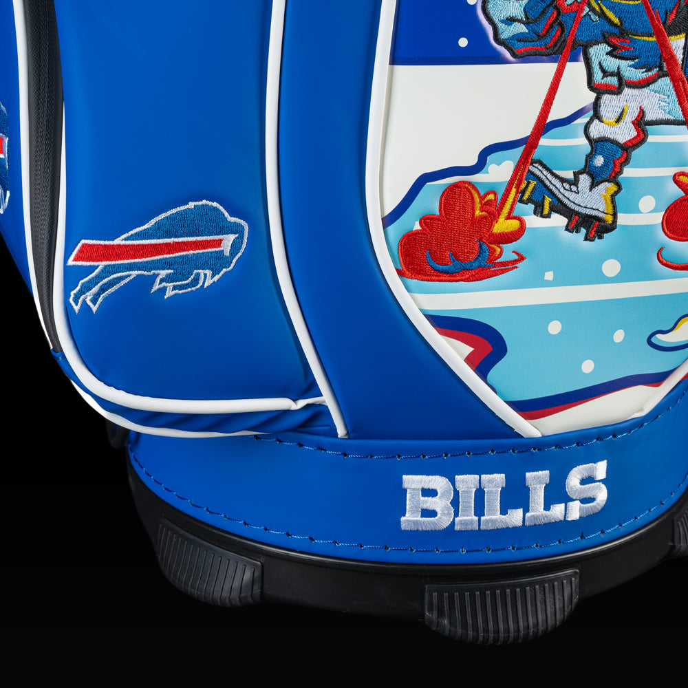 Close-up of the Bills logo and a bundled football fan and icy lettering.
