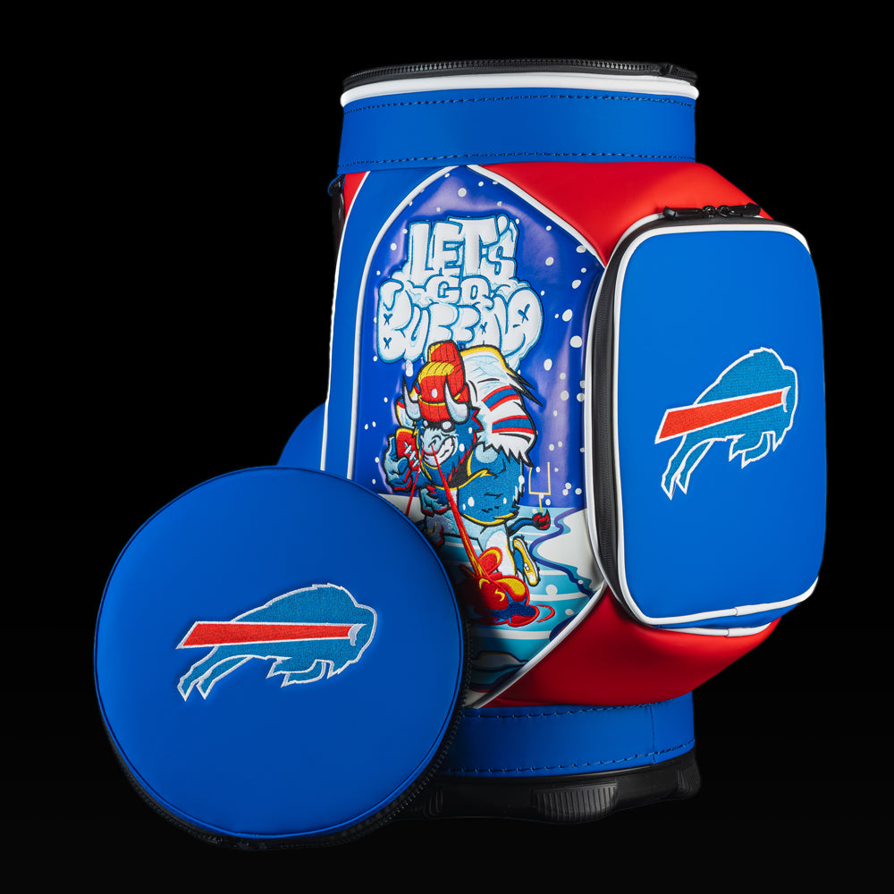 Buffalo Bills Den Caddy Cooler displayed with the removable embroidered lid beside the cooler.