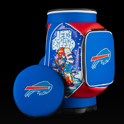 Buffalo Bills Den Caddy Cooler displayed with the removable embroidered lid beside the cooler.