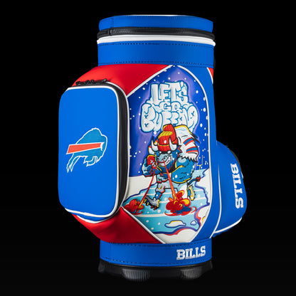 SWAG Golf Buffalo Bills Den Caddy Cooler featuring "Let's Go Buffalo" artwork, bold red, white, and blue graphics, and an embroidered Bills logo pocket.