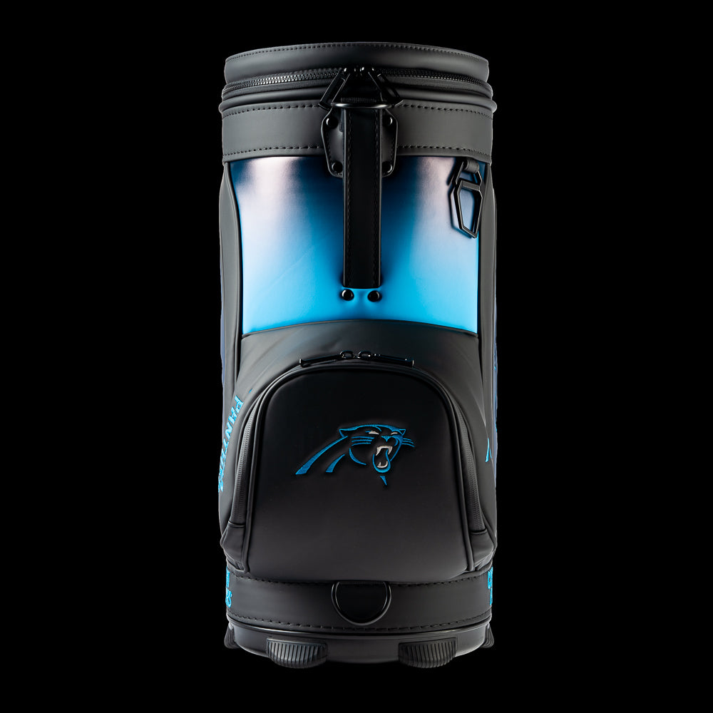 Rear view of the SWAG Golf Carolina Panthers Den Caddy Cooler with Carolina blue and black color blocking.