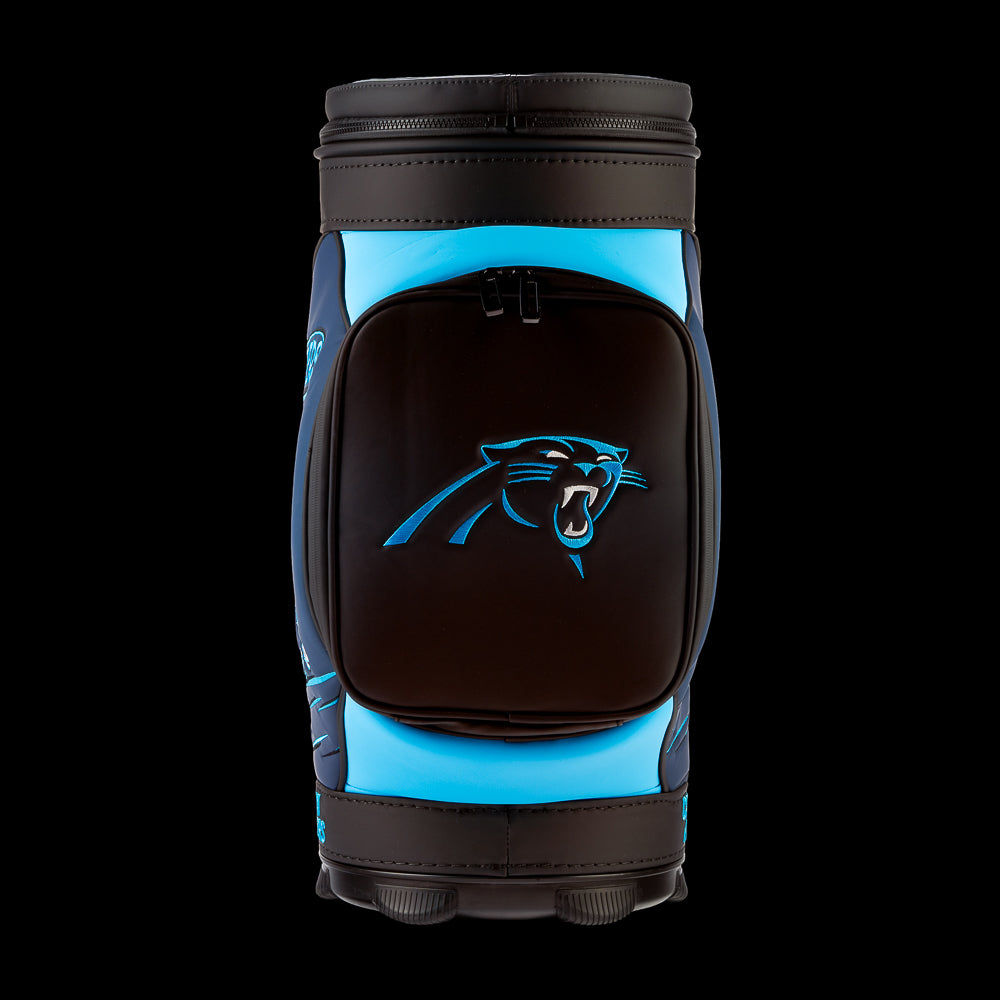 Front view of the SWAG Golf Carolina Panthers Den Caddy Cooler with an embroidered Panthers logo on the front pocket.