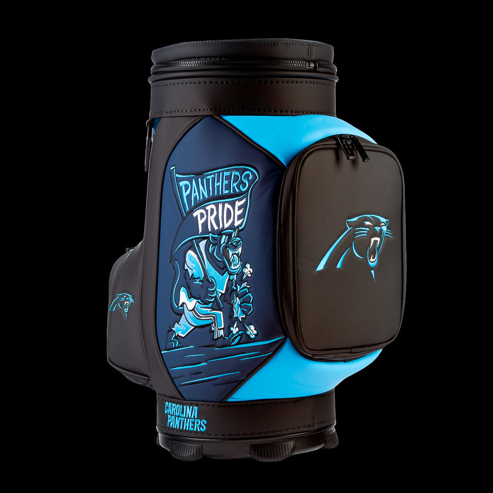 Angled view of the SWAG Golf Carolina Panthers Den Caddy Cooler showcasing the "Panthers Pride" artwork and embroidered Panthers logo pocket.