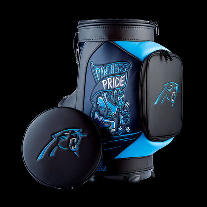 Carolina Panthers Den Caddy Cooler displayed with the removable embroidered lid beside the cooler.