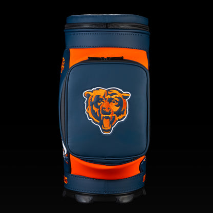 Front view of the SWAG Golf Chicago Bears Den Caddy Cooler with an embroidered Bears logo on the front pocket.