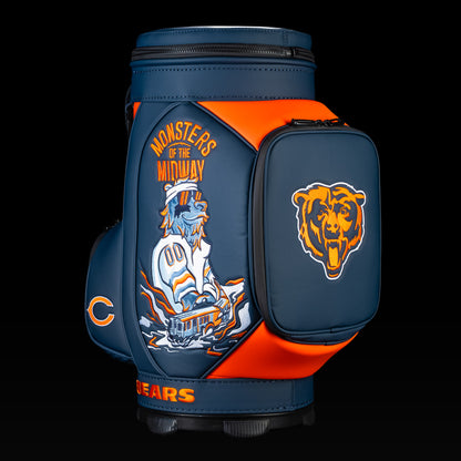 Angled view of the SWAG Golf Chicago Bears Den Caddy Cooler showcasing the "Monsters of the Midway" artwork and embroidered Bears logo pocket.