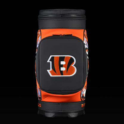 Front view of the SWAG Golf Cincinnati Bengals Den Caddy Cooler with an embroidered Bengals logo on the front pocket.