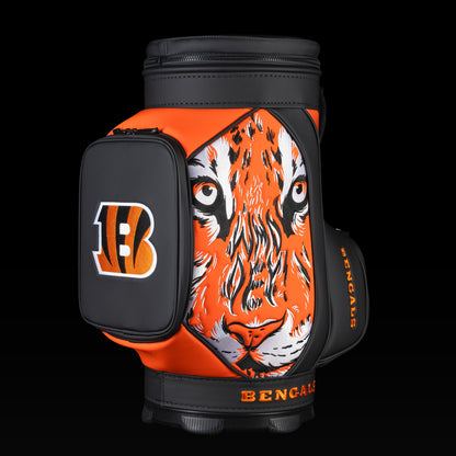 Angled view of the SWAG Golf Cincinnati Bengals Den Caddy Cooler showcasing the tiger artwork and embroidered Bengals logo pocket.
