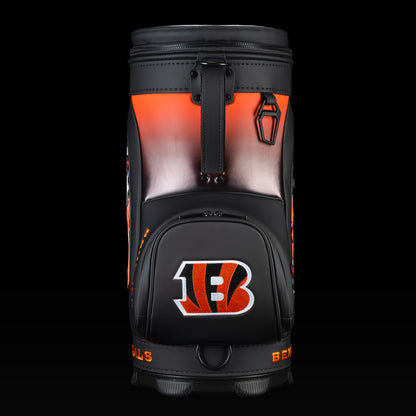 Rear view of the SWAG Golf Cincinnati Bengals Den Caddy Cooler with orange and black color blocking.
