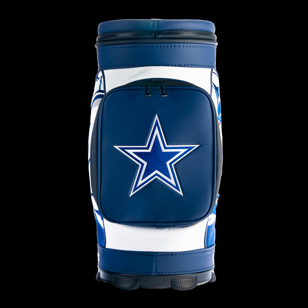 Rear view of the SWAG Golf Dallas Cowboys Den Caddy Cooler featuring a navy-to-white gradient design and Dallas Cowboys logo. 
