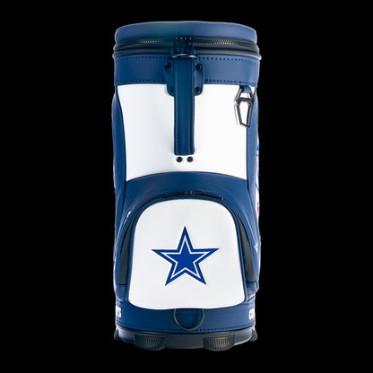 Front view of the SWAG Golf Dallas Cowboys Den Caddy Cooler showcasing the embroidered Cowboys star on the navy front storage pocket with white and blue accents.