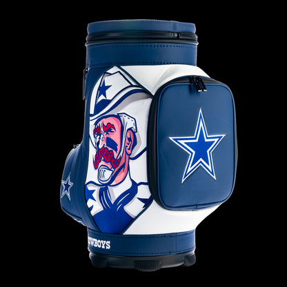 Angled view of the SWAG Golf Dallas Cowboys Den Caddy Cooler highlighting the comic-inspired Cowboys artwork, oversized star logo, and contrasting navy and white color blocking.