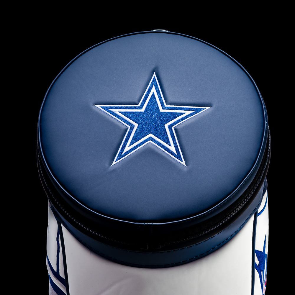 Top view of the removable SWAG Golf Dallas Cowboys lid featuring an embroidered Cowboys star on a navy leather background with white trim.