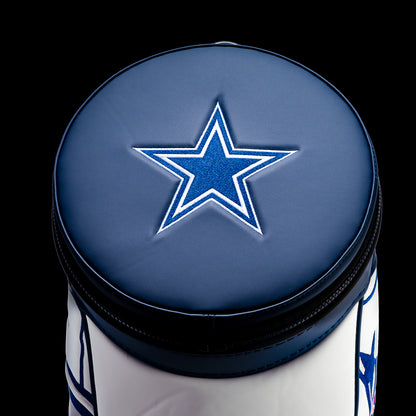 Top view of the removable SWAG Golf Dallas Cowboys lid featuring an embroidered Cowboys star on a navy leather background with white trim.