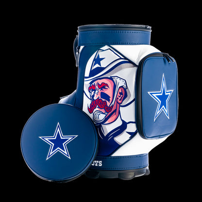 SWAG Golf Dallas Cowboys Den Caddy Cooler displayed with the removable embroidered lid, showcasing the comic-inspired artwork, and signature team branding.