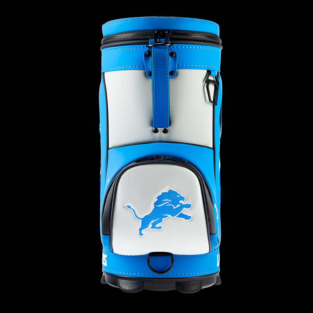 Rear view of the SWAG Golf Detroit Lions Den Caddy Cooler with blue and silver color blocking.