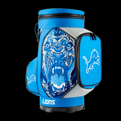 Angled view of the SWAG Golf Detroit Lions Den Caddy Cooler showcasing the roaring lion artwork and embroidered Lions logo pocket.