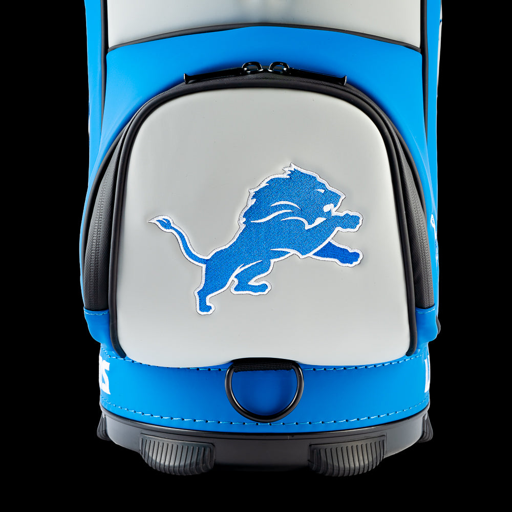 Close-up of the embroidered Detroit Lions logo on the front pocket with the roaring lion artwork.