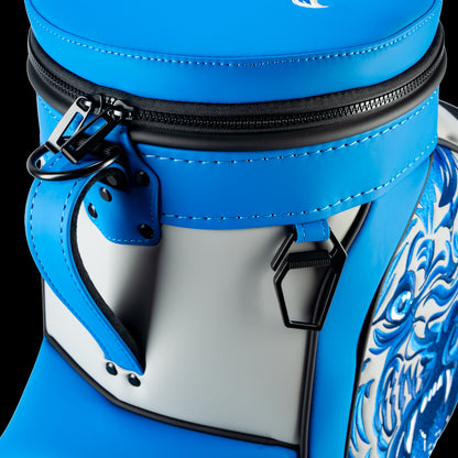 Close-up of the Detroit Lions Den Caddy Cooler zipper, handle, and blue and silver panels.