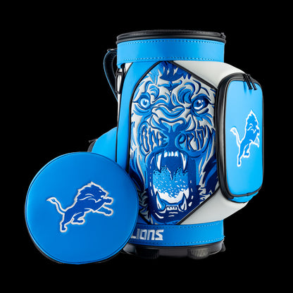Detroit Lions Den Caddy Cooler displayed with the removable embroidered lid beside the cooler.