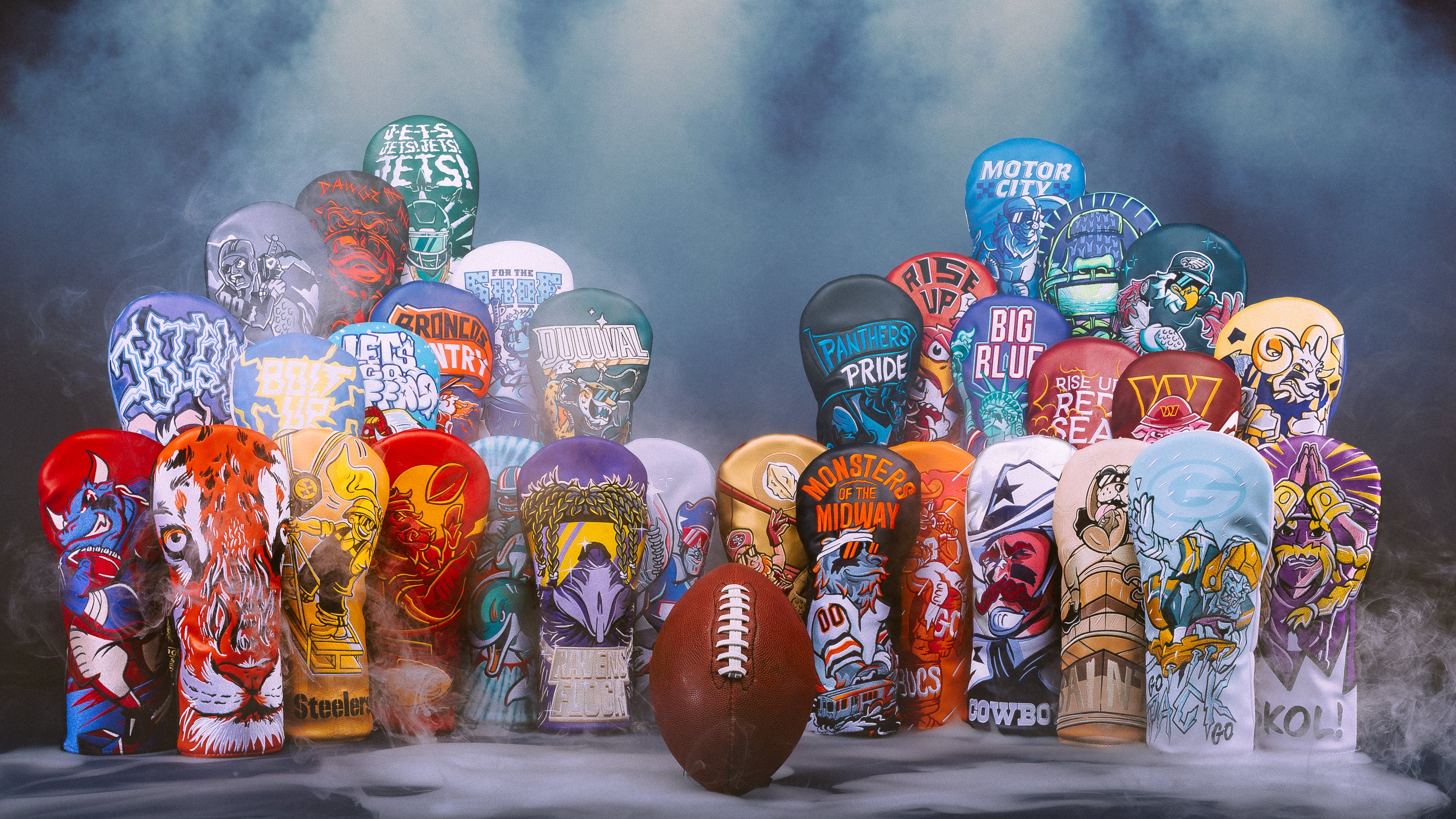 SWAG Golf x NFL Collection featuring headcovers for all 32 NFL teams in driver and fairways.
