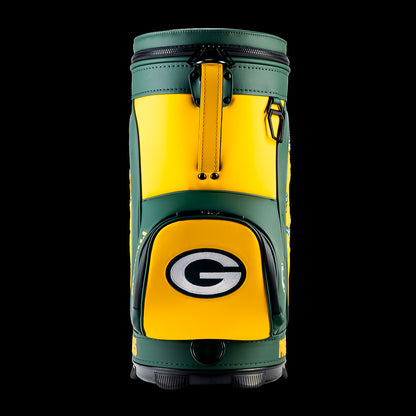 Rear view of the SWAG Golf Green Bay Packers Den Caddy Cooler with green and gold color blocking.