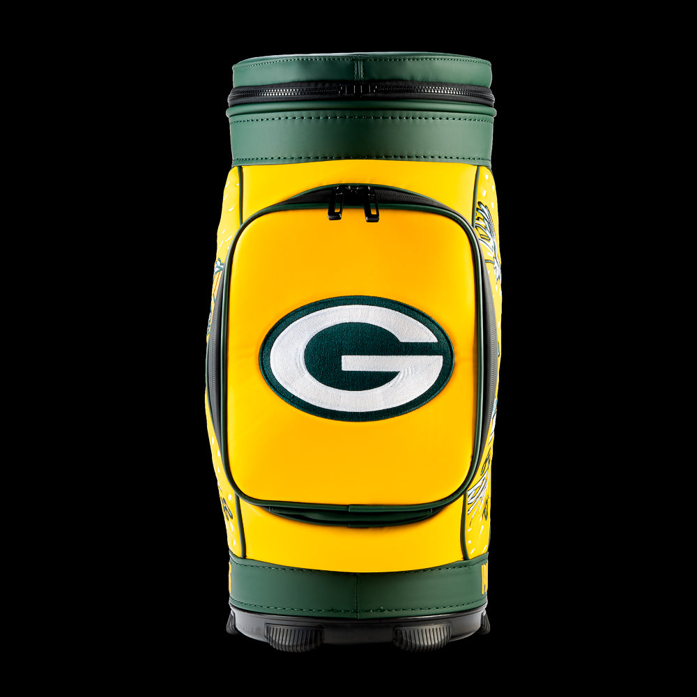 Front view of the SWAG Golf Green Bay Packers Den Caddy Cooler with an embroidered Packers logo on the front pocket.
