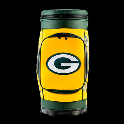 Front view of the SWAG Golf Green Bay Packers Den Caddy Cooler with an embroidered Packers logo on the front pocket.