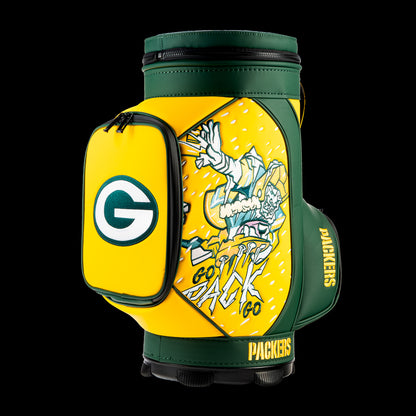 Angled view of the SWAG Golf Green Bay Packers Den Caddy Cooler showcasing the "Go Pack Go" artwork and embroidered Packers logo pocket.