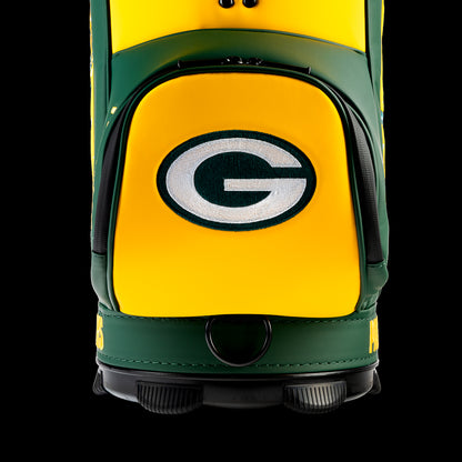 Close-up of the embroidered Packers logo on the front pocket.
