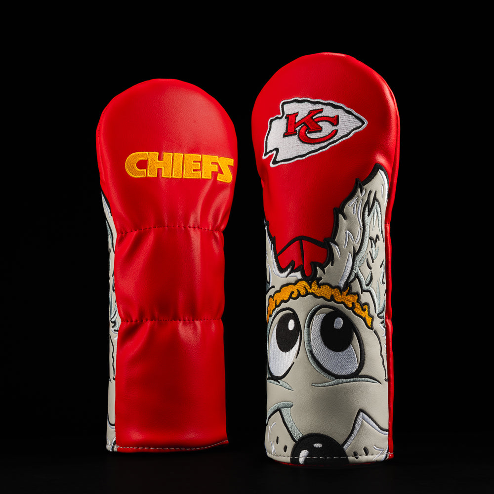 Kansas City Chiefs fairway cover with wolf mascot looking up at Kansas City chiefs logo 