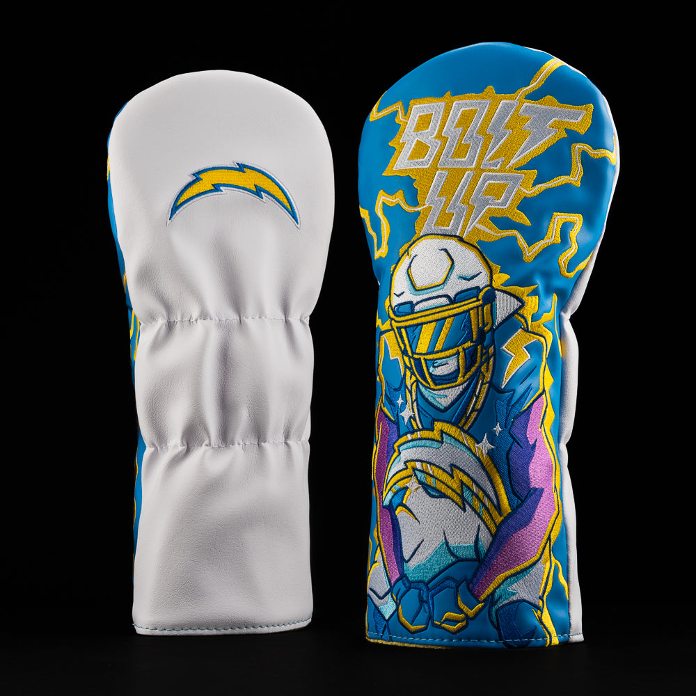 Los Angeles Chargers driver cover with a player in the middle flexing with a bolt chain and the words “bolt up” above the players head. 