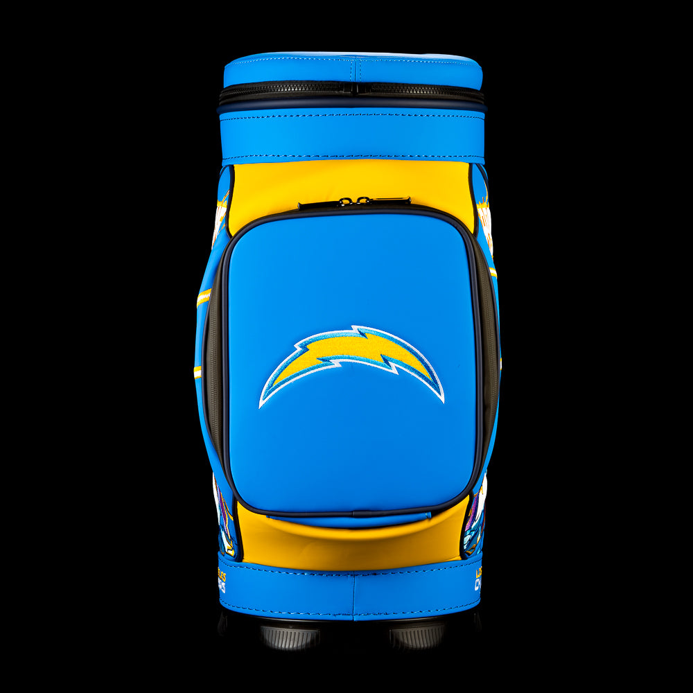 Front view of the SWAG Golf Los Angeles Chargers Den Caddy Cooler with powder blue and gold color blocking.