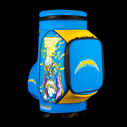SWAG Golf Los Angeles Chargers Den Caddy Cooler featuring lightning-themed artwork, powder blue and gold graphics, and an embroidered Chargers logo pocket.