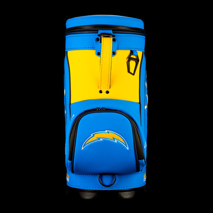 Rear view of the SWAG Golf Los Angeles Chargers Den Caddy Cooler with an embroidered Chargers logo on the front pocket.