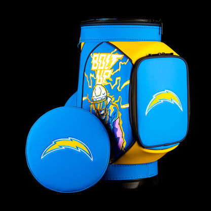 Los Angeles Chargers Den Caddy Cooler displayed with the removable embroidered lid beside the cooler.