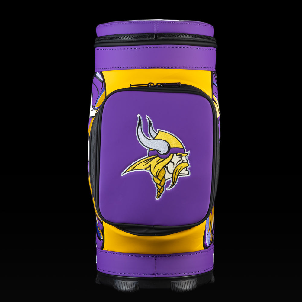 Front view of the SWAG Golf Minnesota Vikings Den Caddy Cooler with an embroidered Vikings logo on the front pocket.