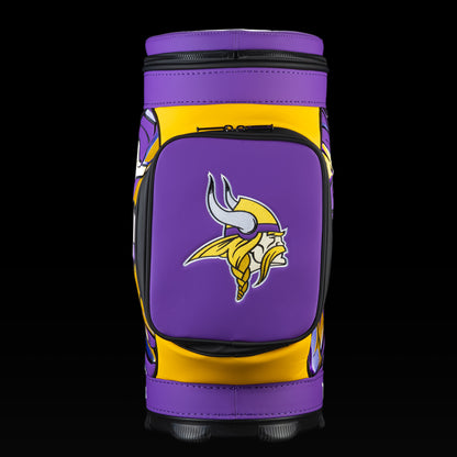 Front view of the SWAG Golf Minnesota Vikings Den Caddy Cooler with an embroidered Vikings logo on the front pocket.