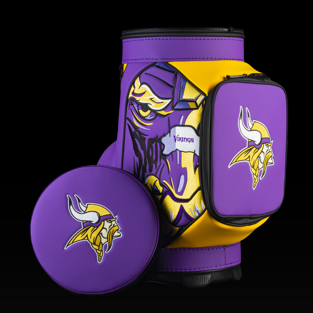 Minnesota Vikings Den Caddy Cooler displayed with the removable embroidered lid beside the cooler.
