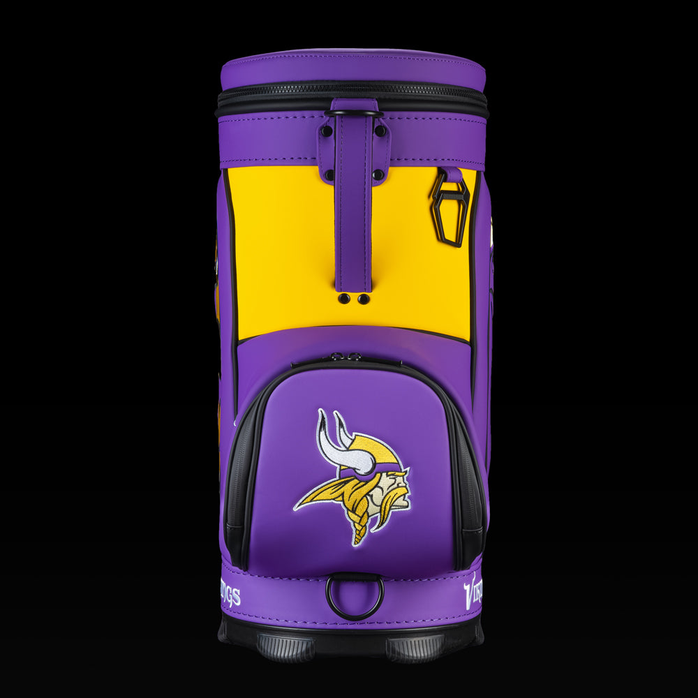 Rear view of the SWAG Golf Minnesota Vikings Den Caddy Cooler with purple and gold color blocking.