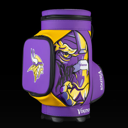 Angled view of the SWAG Golf Minnesota Vikings Den Caddy Cooler showcasing the Viking warrior artwork and embroidered Vikings logo pocket.