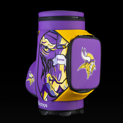 SWAG Golf Minnesota Vikings Den Caddy Cooler featuring fierce Viking warrior artwork, purple and gold graphics, and an embroidered Vikings logo pocket.