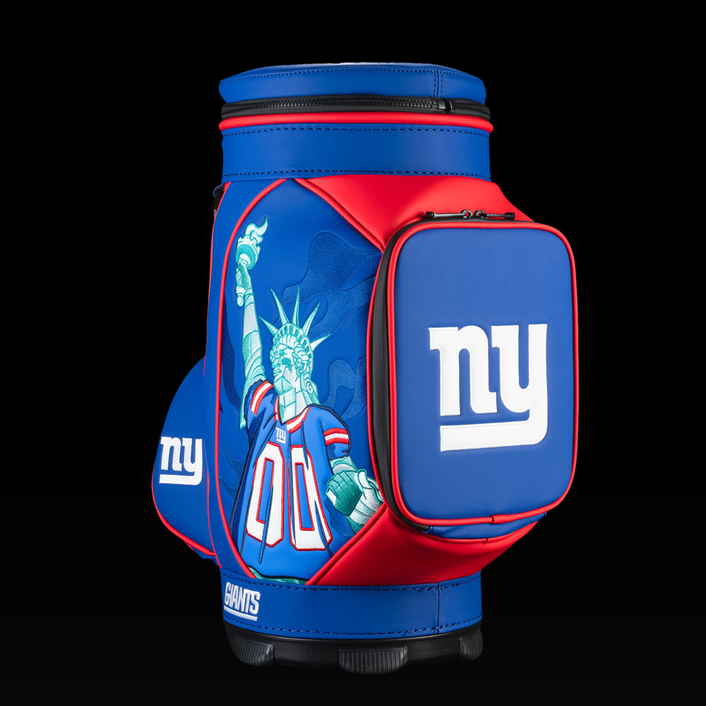 SWAG Golf New York Giants Den Caddy Cooler featuring Statue of Liberty football artwork, royal blue and red graphics, and an embroidered Giants logo pocket.