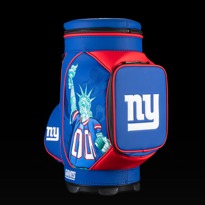 SWAG Golf New York Giants Den Caddy Cooler featuring Statue of Liberty football artwork, royal blue and red graphics, and an embroidered Giants logo pocket.