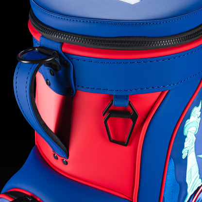 Close-up of the New York Giants Den Caddy Cooler zipper, handle, and royal blue and red panels.