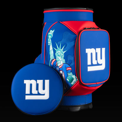 New York Giants Den Caddy Cooler displayed with the removable embroidered lid beside the cooler.