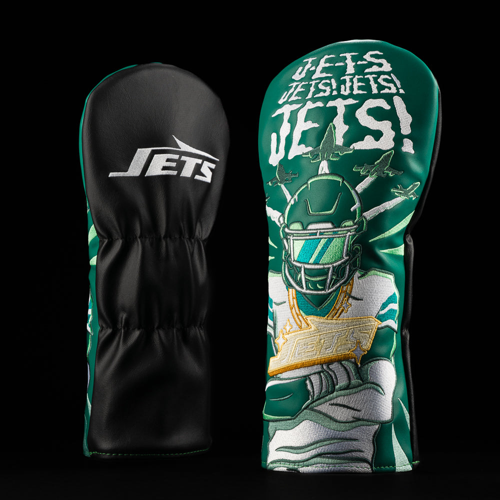 New York Jets driver cover with a player with a Jets chain in the middle, jets flying over, with the caption “J-E-T-S JETS! JETS! JETS!”