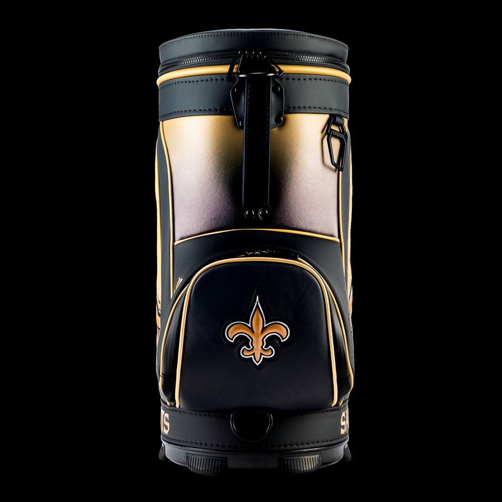 Front view of the SWAG Golf New Orleans Saints Den Caddy Cooler with an embroidered Saints logo on the front pocket.