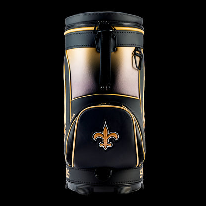 Front view of the SWAG Golf New Orleans Saints Den Caddy Cooler with an embroidered Saints logo on the front pocket.