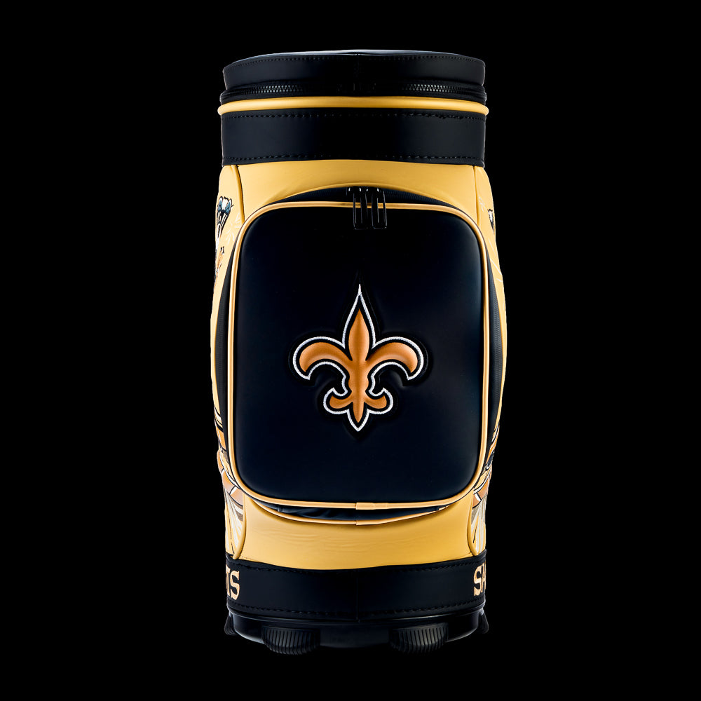 Rear view of the SWAG Golf New Orleans Saints Den Caddy Cooler with black and gold color blocking.